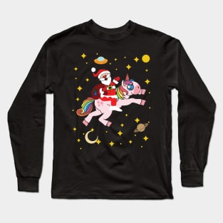 Cute Santa Claus Riding a Unicorn Through Space Long Sleeve T-Shirt